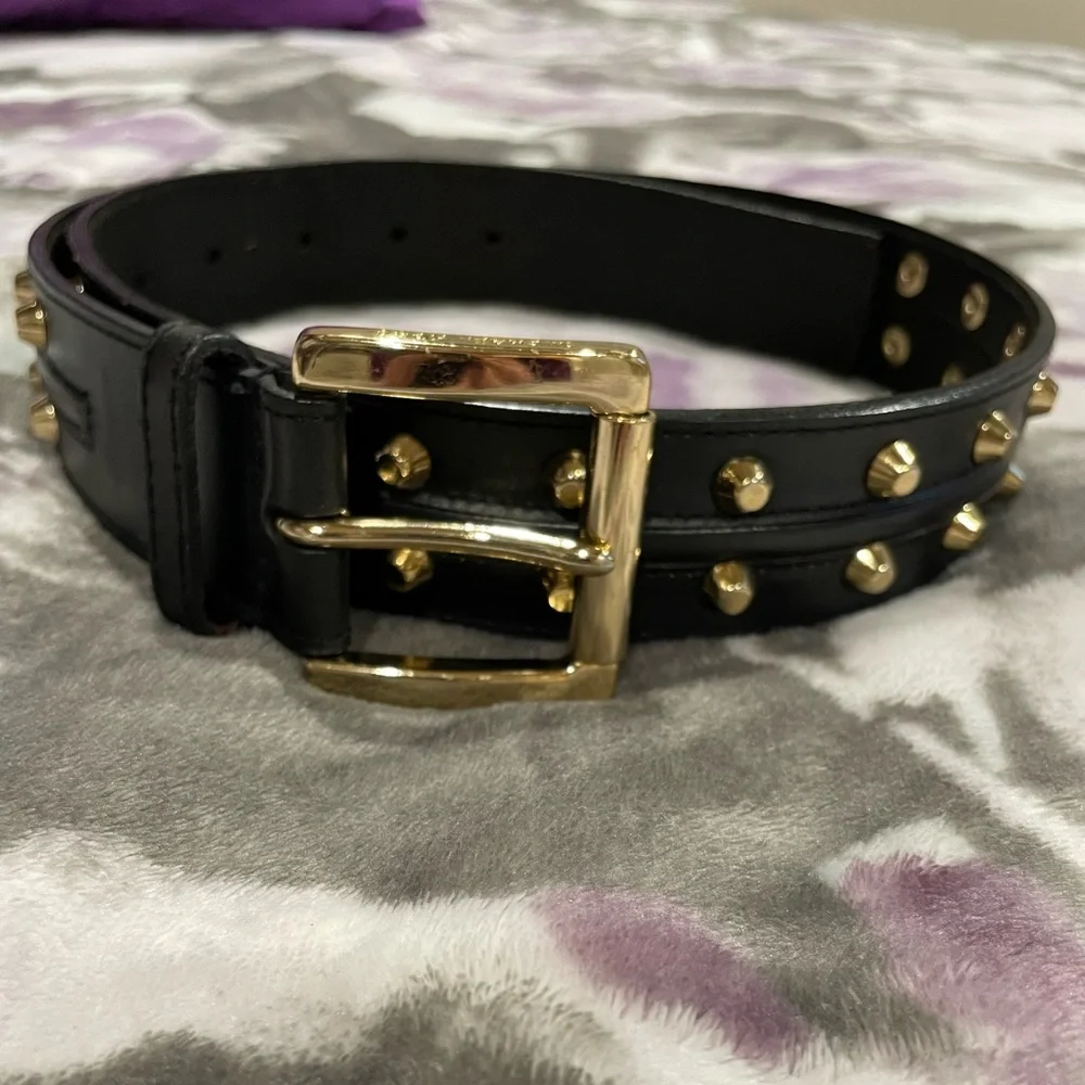 Michael Kors Black Leather Studded Belt with Gold Hardware